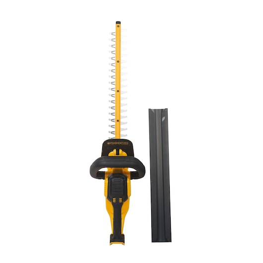 A yellow and black cordless hedge trimmer from DEWALT, model DCM563PB, shown from above with its blade cover placed beside it.