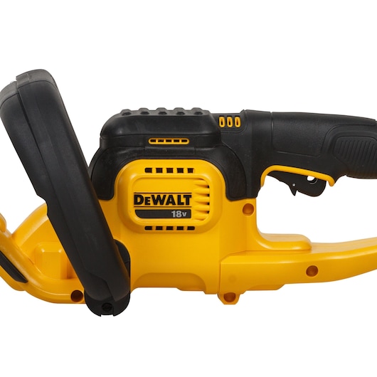 Close-up image of a DEWALT DCM563PB 18V cordless handheld power tool, showing the yellow and black body, handle, and safety guard.