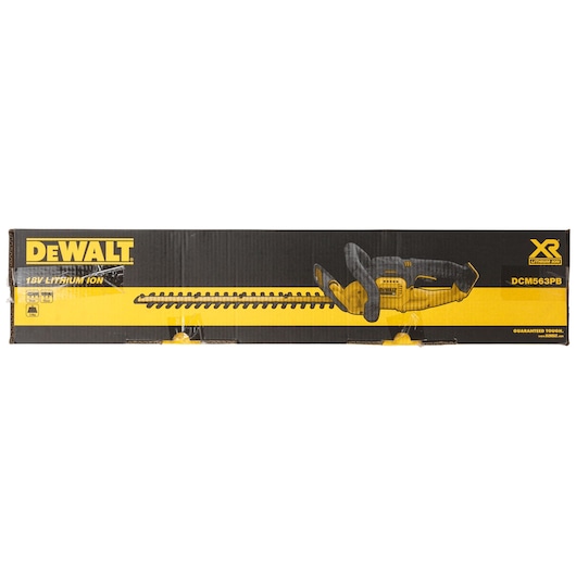 Box packaging of a DEWALT DCM563PB 18V lithium ion hedge trimmer, showing an image and branding of the product on a black and yellow background.