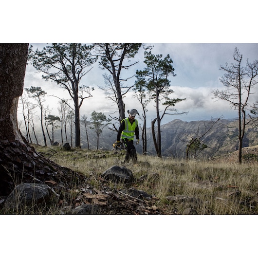 Person wearing safety gear carrying a DEWALT chainsaw in a forested mountain area.