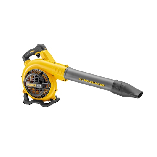 Yellow and black DEWALT 54V brushless cordless blower with ergonomic handle and extended nozzle.