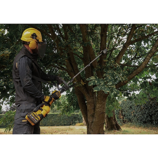 DEWALT photography of tree trimming tool. SKUs: DCMASED57X1, DCMASED9N, DCMASPH6N, DCMASPS5N, DCMASST1N, DCMASBC1N