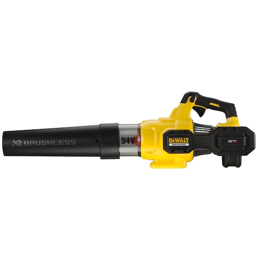 DEWALT cordless brushless blower with yellow and black design, XR FLEXVOLT, 54V, model DCMBA572N.
