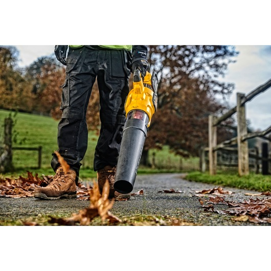 Person using a yellow DEWALT leaf blower on a paved path with scattered autumn leaves outdoors.
