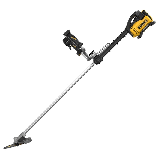 A DEWALT cordless brush cutter with a long metallic shaft, ergonomic handle, and yellow motor housing, designed for trimming grass and brush.