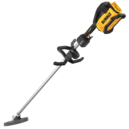 A DEWALT cordless brush cutter with a long metal shaft, ergonomic handle, and yellow and black motor housing. The tool is designed for cutting and trimming grass or brush.
