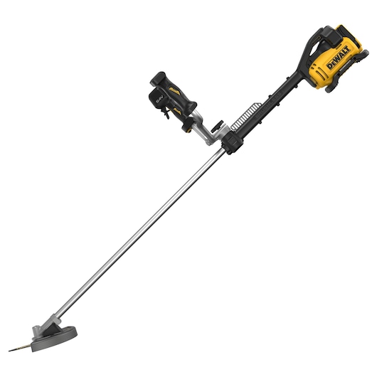 A DEWALT cordless brush cutter with a yellow and black design, featuring a straight metal shaft, ergonomic handle, and a protective guard around the cutting head.