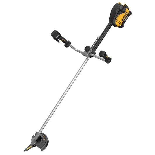 A DEWALT cordless brush cutter with a yellow and black motor housing, a straight silver shaft, and a loop handle. The blade guard and handle are marked with DEWALT branding.