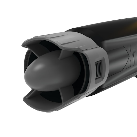 Close-up of the DEWALT DCMBL562N blower nozzle in black and gray with XR branding detail.