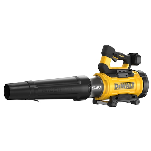 A DEWALT 54V cordless leaf blower with a brushless motor, shown in black and yellow colors.