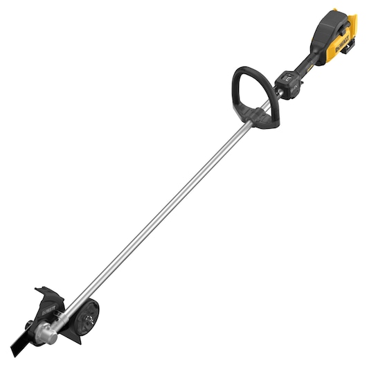 A DEWALT cordless electric lawn edger, featuring a long metal shaft, a black handle, and a yellow and black motor housing at the top. The lower end includes a blade and a wheel for edging grass.
