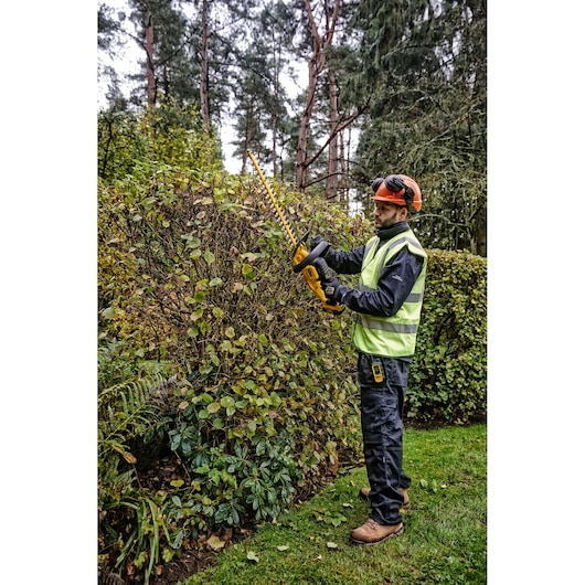 Person trimming hedge with DEWALT DCMHT563N cordless hedge trimmer outdoors, wearing safety gear.