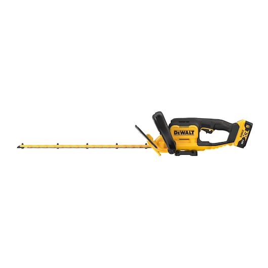 Yellow and black cordless hedge trimmer with long blade and ergonomic handle.