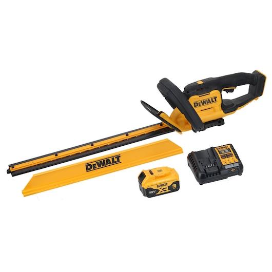 DEWALT cordless hedge trimmer with battery, charger and blade cover displayed on a white background.