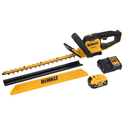 DEWALT cordless hedge trimmer kit with blade cover, battery, and charger, all in yellow and black.