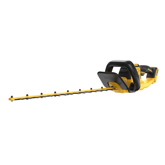 A yellow and black cordless hedge trimmer with a long blade, designed for trimming hedges and bushes.
