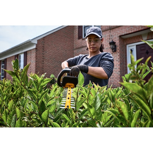 Person trims hedge with DEWALT cordless hedge trimmer in front of house. Face is blurred for privacy.