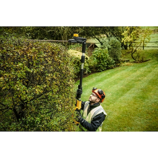A person wearing protective gear and a high-visibility vest is using a DEWALT cordless pole hedge trimmer (model DCMPH566N) to trim the top of a tall hedge in a garden.