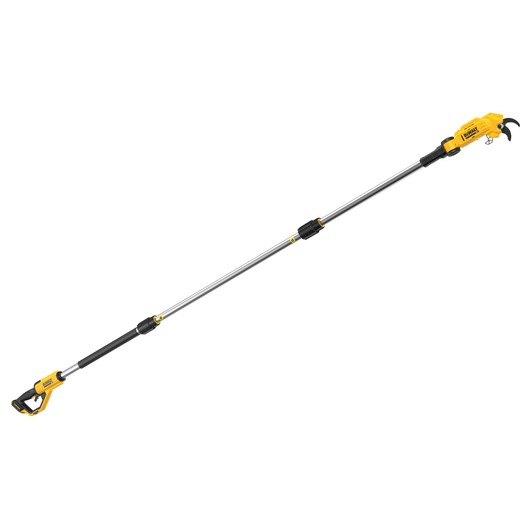 DEWALT cordless pole pruner with yellow handle and long telescopic shaft for tree trimming.