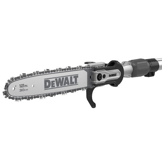DEWALT cordless pole saw with 12-inch bar, silver and black, for pruning trees and branches.
