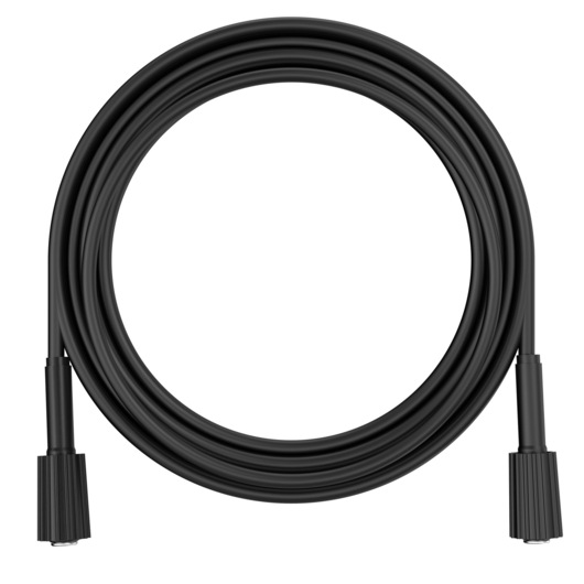 Black pressure washer hose with connectors, coiled in a circle, suitable for DEWALT cleaning tools.
