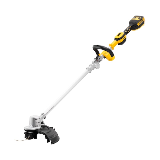 A DEWALT cordless brushless string trimmer with a yellow and black handle, 18V battery, and protective guard near the trimming head.