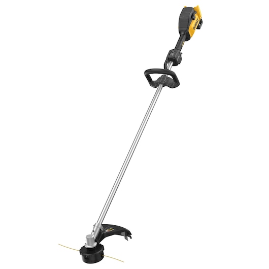 A DEWALT cordless string trimmer with a straight shaft and ergonomic handle, designed for trimming grass and weeds.