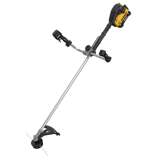 Cordless string trimmer with a yellow and black motor housing and a straight silver shaft, designed for outdoor grass and weed trimming.