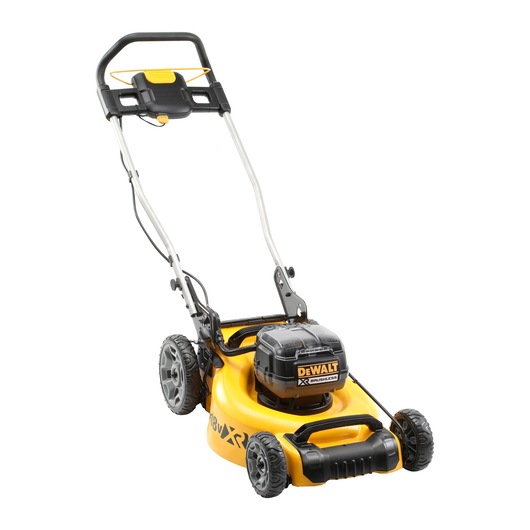 Yellow DEWALT cordless lawn mower with four wheels and handle, shown on a white background.