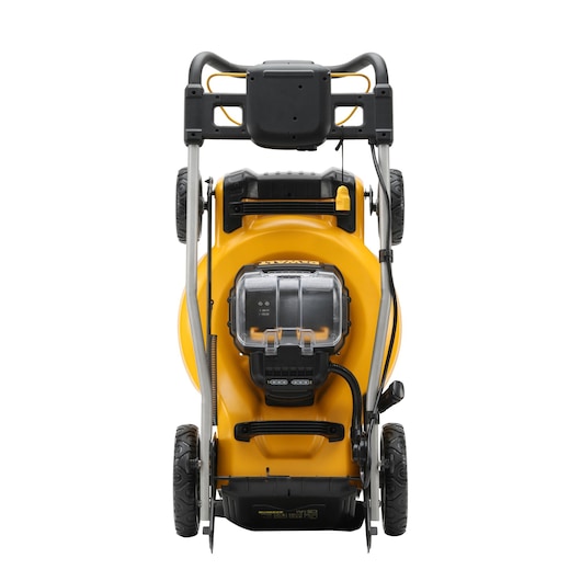 Front view of a yellow DEWALT lawn mower with battery compartment and large wheels on a white background.
