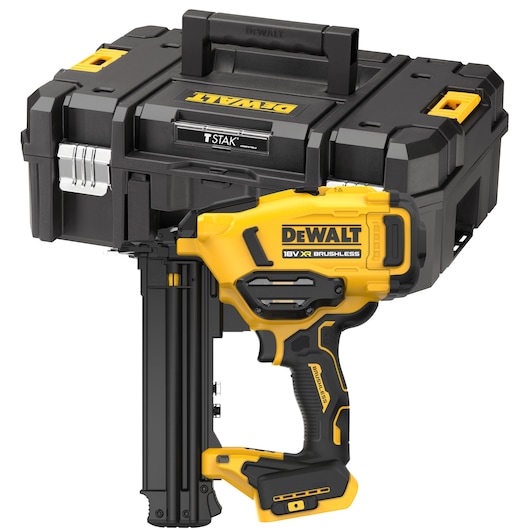 DEWALT 18V XR brushless finish nailer with TSTAK storage case, compact and durable design.