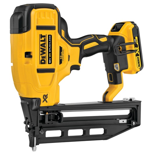 DEWALT 18V XR brushless nail gun shown, with yellow and black body, for professional woodworking tasks.