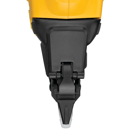 Close-up of the DEWALT DCN662D2 nailer tip in black and yellow, showing the precision nozzle.