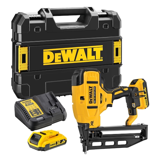 A DEWALT cordless nailer kit including a yellow and black nail gun, battery charger, battery pack, and a hard carrying case with DEWALT branding.