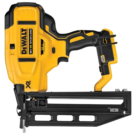 DEWALT 18V XR brushless nail gun in yellow and black, side view, with a 16GA magazine and ergonomic handle.