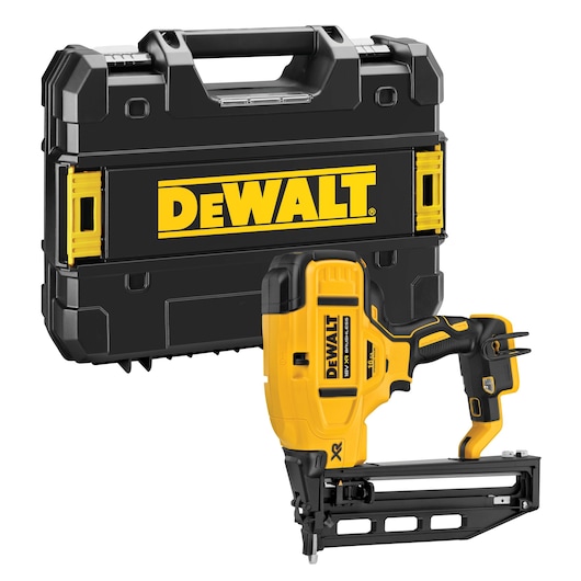 A DEWALT cordless nail gun with a black and yellow durable carrying case. The nail gun has DEWALT branding and features a modern, ergonomic design.