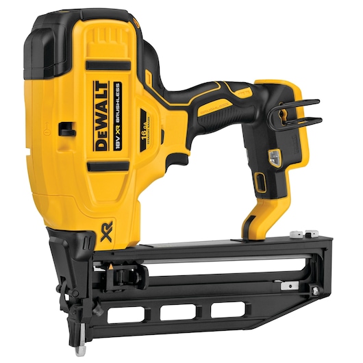 A DEWALT 18V XR brushless cordless nail gun with a yellow and black design, featuring ergonomic grip and magazine for nails.