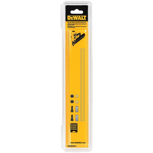DEWALT replacement return spring kit (SKU: DCN6901) for nailers, shown in its sealed yellow and black packaging with components visible, suitable for models DCN690, DCN691, and DCN692.