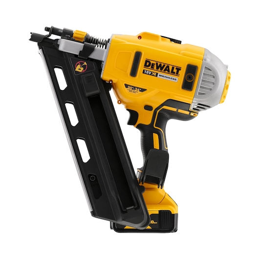 DEWALT brushless 18V nail gun for professional use, shown with angled magazine and battery pack.