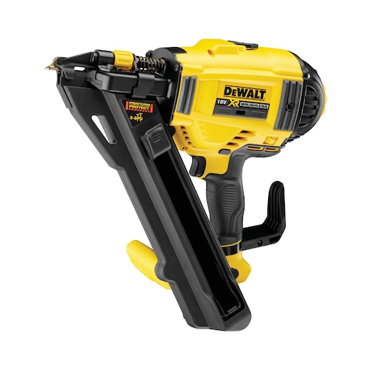A DEWALT 18V XR brushless nail gun with a yellow and black body, featuring Perform & Protect labeling and an angled magazine.