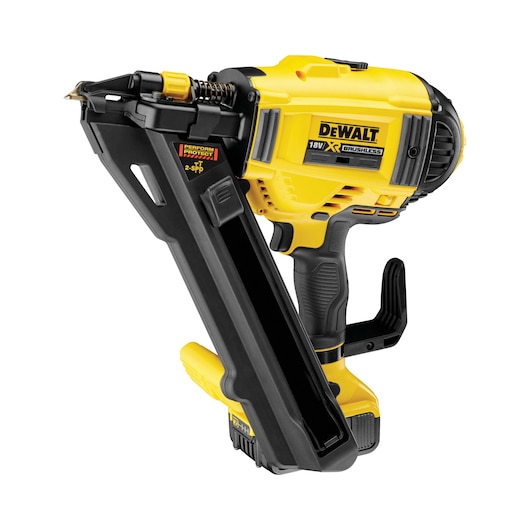 A DEWALT branded 18V XR brushless cordless nail gun with a yellow and black body, designed for professional use in construction and woodworking.