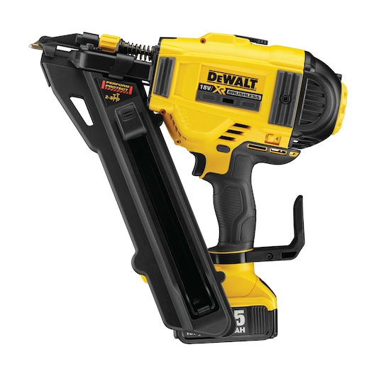 DEWALT 18V cordless nailer, yellow and black design, used for fastening tasks in construction or woodworking.