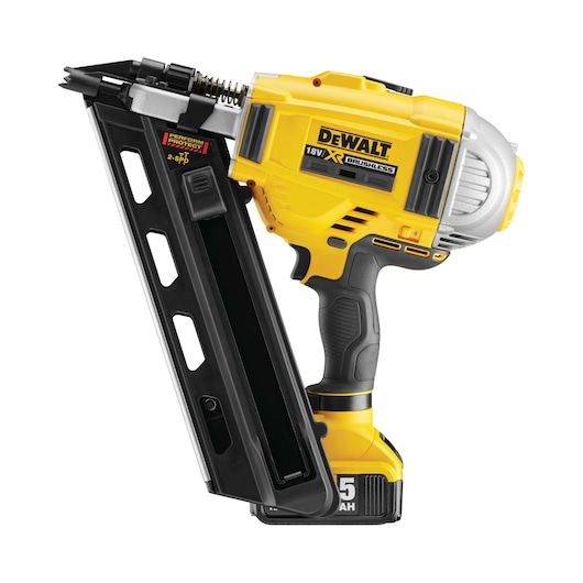 DEWALT cordless nail gun with yellow and black body, 18V XR brushless, angled magazine, and lithium-ion battery.