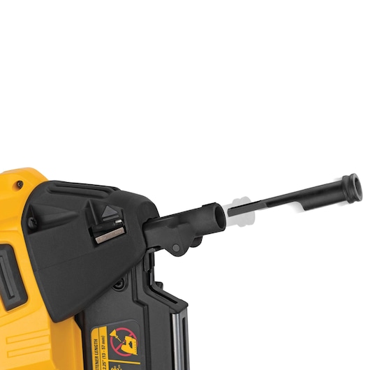 Close-up of a DEWALT DCN890P2 yellow and black cordless tool with a movable black attachment at the front, shown in extended position.