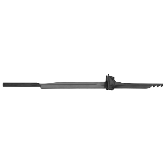 A DEWALT chisel attachment designed for use with power tools, featuring a flat blade with a toothed edge and a mounting base.