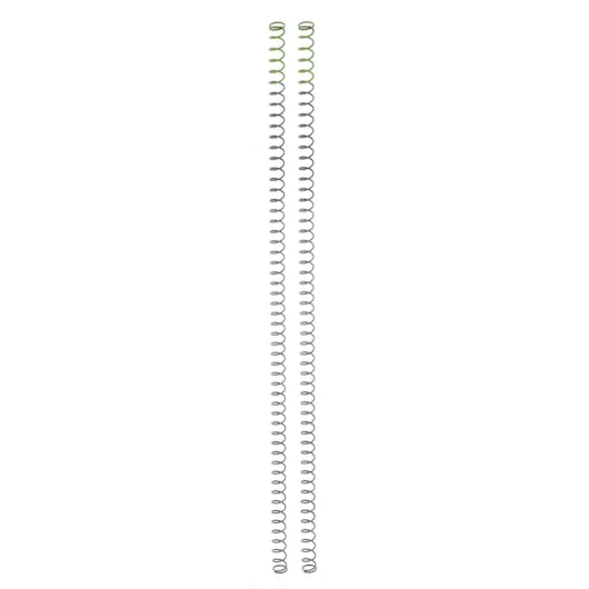 Two long, thin metal coil springs arranged vertically on a white background.