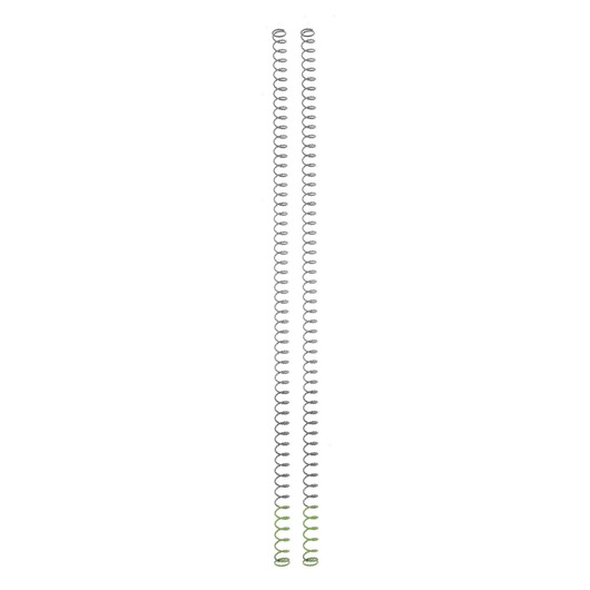 Two identical long metal springs standing vertically side by side on a white background.
