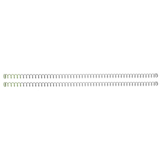 Two long, thin metal springs are placed parallel to each other on a white background. The left ends of the springs have a green tint.