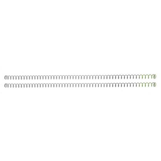 Two long, thin metal coil springs with a few coils highlighted in green at one end, placed parallel to each other on a white background.