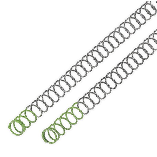 Two metal coil springs with green-colored loops at one end are shown against a white background.